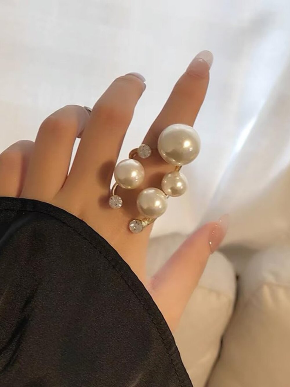 Pearl Ring for Women Promise Stacking Pearl Rings Adjustable Open Pearls Finger - Picture 6 of 6